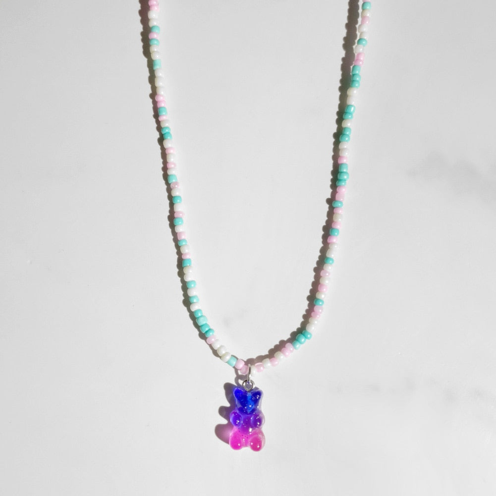 Skhek 2022 New Rainbow Color Resin Gummy Bear Beaded Necklace For Women Girls Handmade Beads Chain Choker Necklace Korean Cute Jewelry