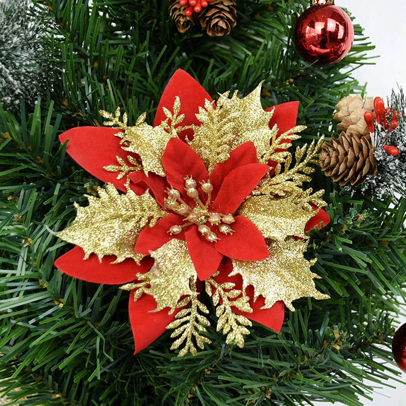 5pcs Glitter Artificial Christmas Flowers Xmas Tree Decorations Ornaments Merry Christmas Decorations for Home New Year Gift