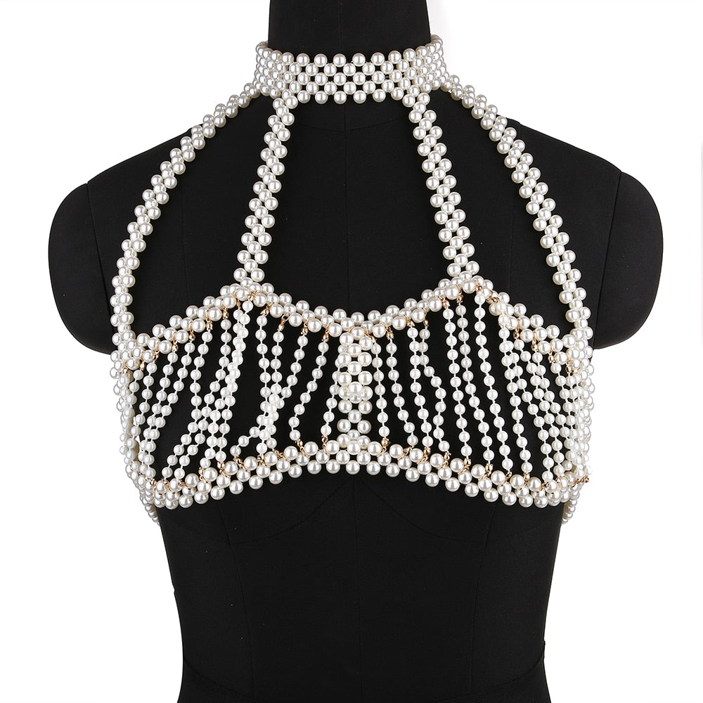 6 Candy Color Female Handmade V Neck Pearl Bralette Chainmail Beaded Bra  Top Body Chain Jewelry