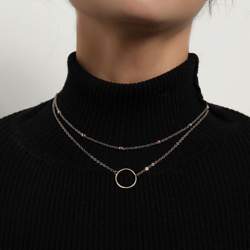 Fashion Gold Choker Necklace Two Layers Round Pendants Necklaces Silver Color Chain Choker Jewelry For Women 2021 Party Gifts