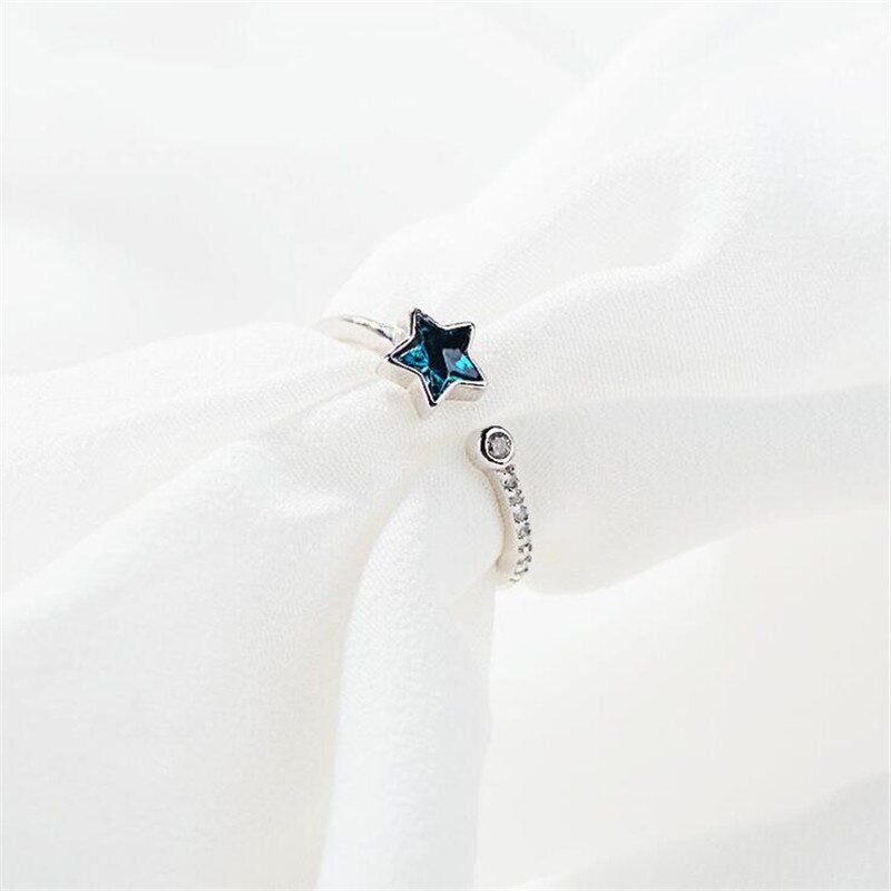 Christmas Gift New Fashion Beautiful Deep Sea Blue Five-pointed Star 925 Sterling Silver Jewelry Personality Fresh Crystal Opening Rings R044