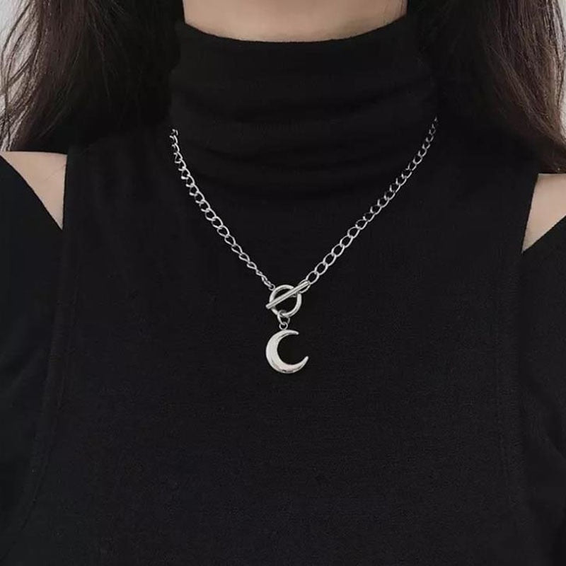 Toggle Clasp Necklaces for Women Collar Punk Sliver Color Chunky Chain Moon Pendant Necklace Christmas Gifts Fashion Jewelry