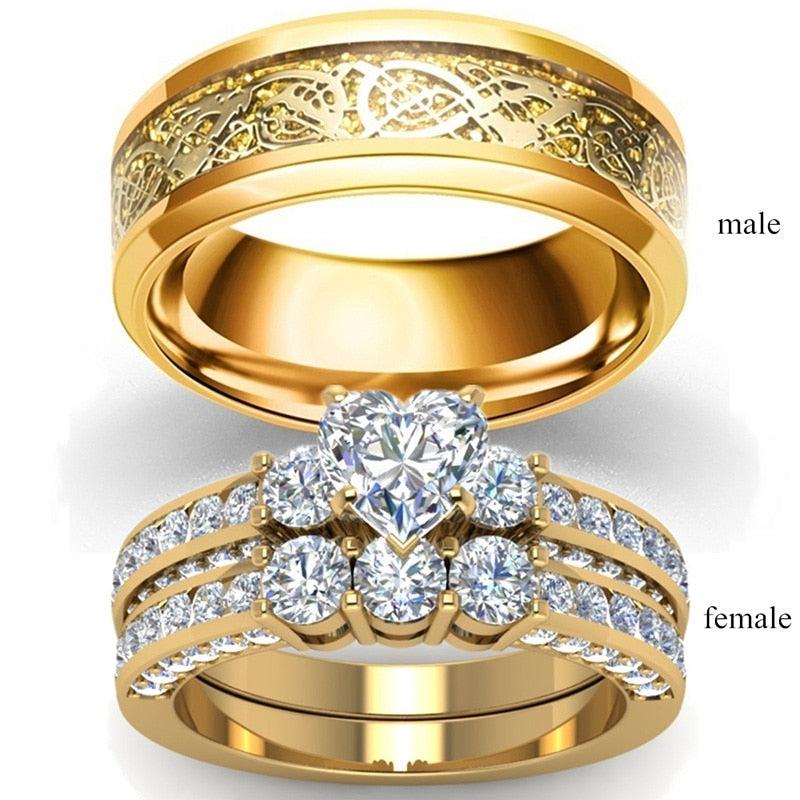 Skhek Fashion Jewelry Lover's Ring Wedding Gold-Color Women Heart Zircon Rings Set Vintage Dragon Stainless Steel Men Ring