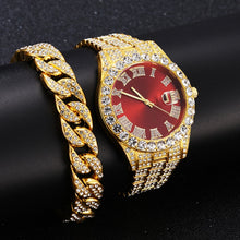 Load image into Gallery viewer, Christmas Gift 2 Pcs Watch+bracelet Hip Hop Stainless Steel Gold Color Calendar Watch For Men Iced Out Paved Rhinestones Men Watch Reloj Hombre