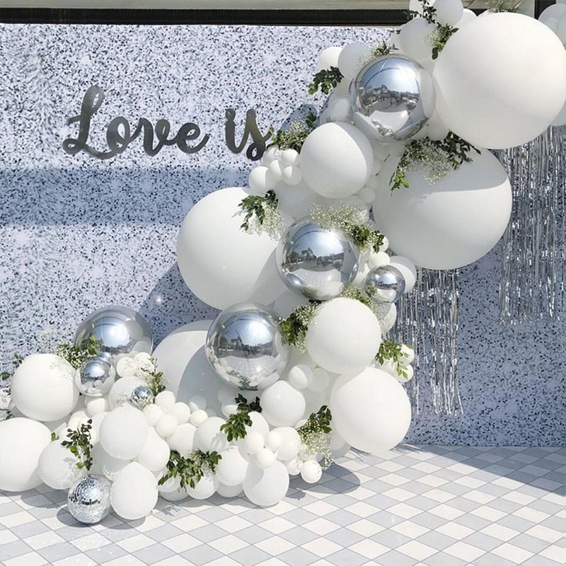 101pcs Silver 4D White Balloons Garland Silver Confetti Balloon Arch Birthday Baby Shower Wedding Anniversary Party Decorations