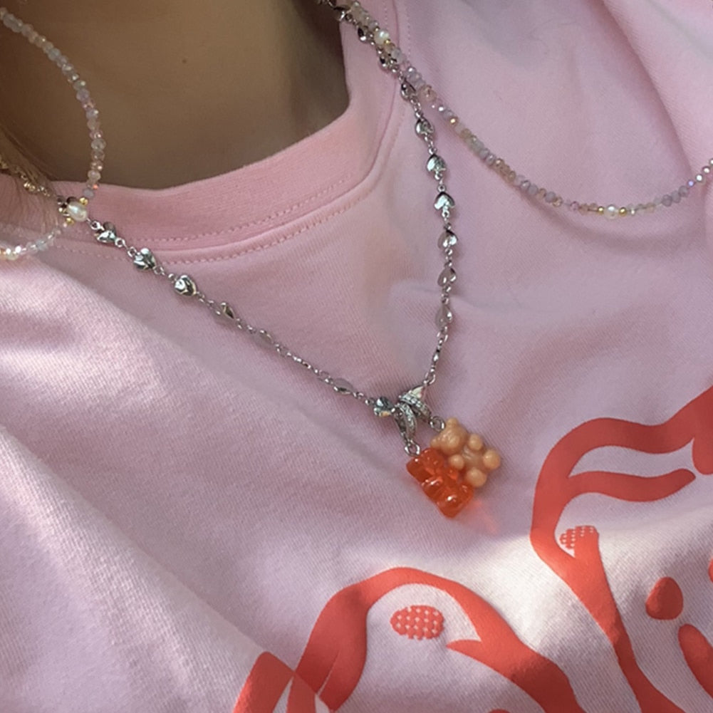 Skhek 2022 New Cute Colorful Gummy Zircon Bear Pendant Necklace Fashion Acrylic Mushroom Charm Necklace For Women Girls Party Jewelry