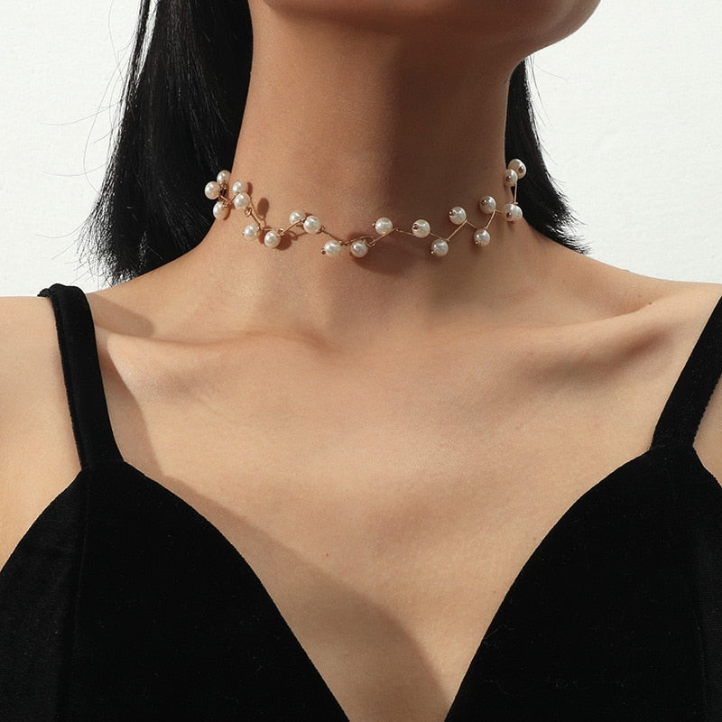Skhek  Elegant Metal Torques Simulated Pearl Choker Necklace For Women  Jewelry Statement Necklace Korean Fashion Accessories Jewerly