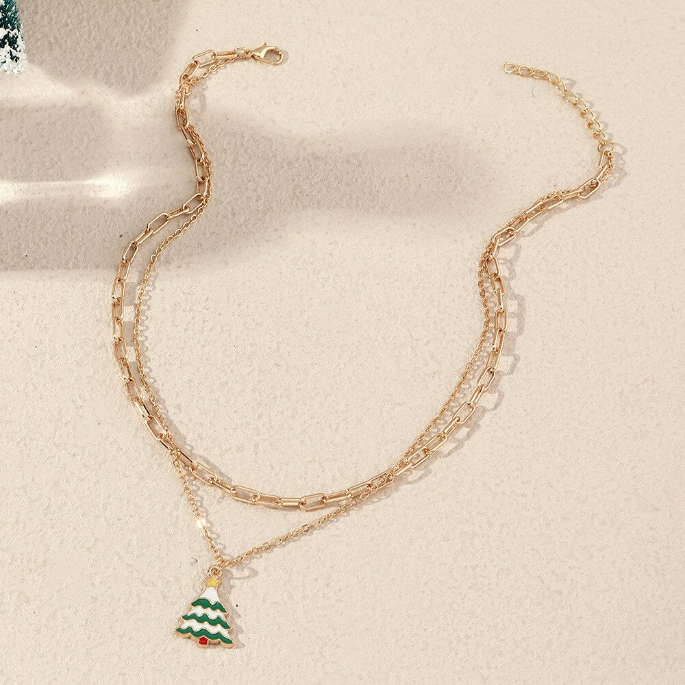 Christmas Gift Alloy Classic Pendant Necklace Christmas Tree Bells Snowflake Xmas Jewelry Double Clavicle Chain Gift Collares Accessories