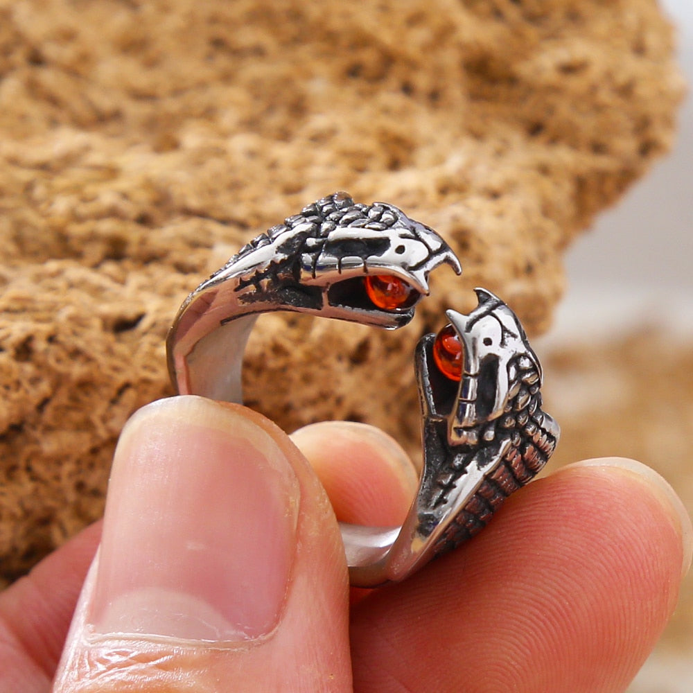 Skhek Punk Red Stone Animal Snake Ring For Men Women Stainless Steel Opening Adjustable Ring Gothic King Cobra Ring Wholesale