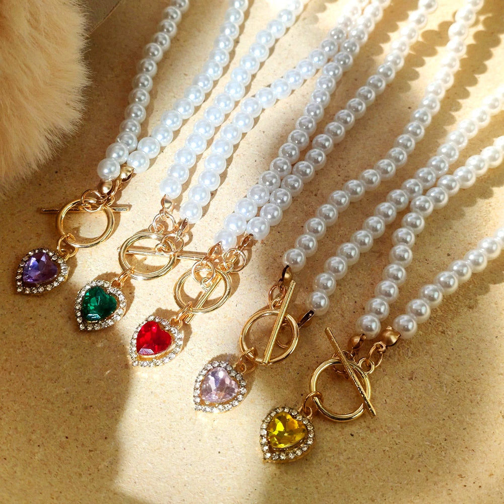 Skhek 110 2022 Trendy Shiny Crystal Heart Pearls Chain Necklace For Women Elegant Pearl OT Buckle Choker Necklace Wedding Jewelry Gift