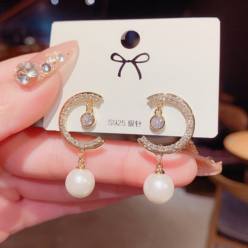 Skhek  New Women's Earrings Korean Stud Earrings For Women Vintage Pearl Dangle Drop Gold Earring Set 2022 Trend Earings Female Jewelry