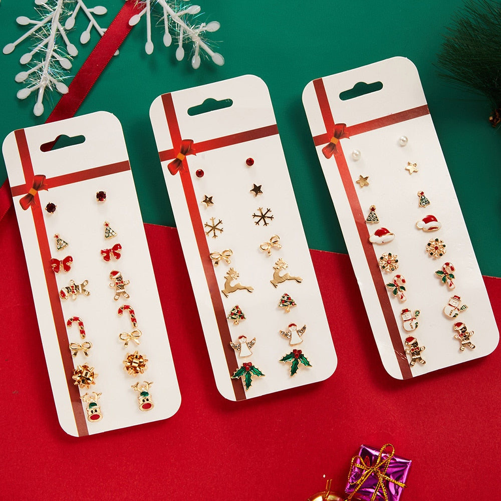 Christmas Gift Christmas Stud Earrings Rhinestone Snowflake Christmas Tree Earrings Set Jewelry Women Cute Christmas Festival New Year Gift