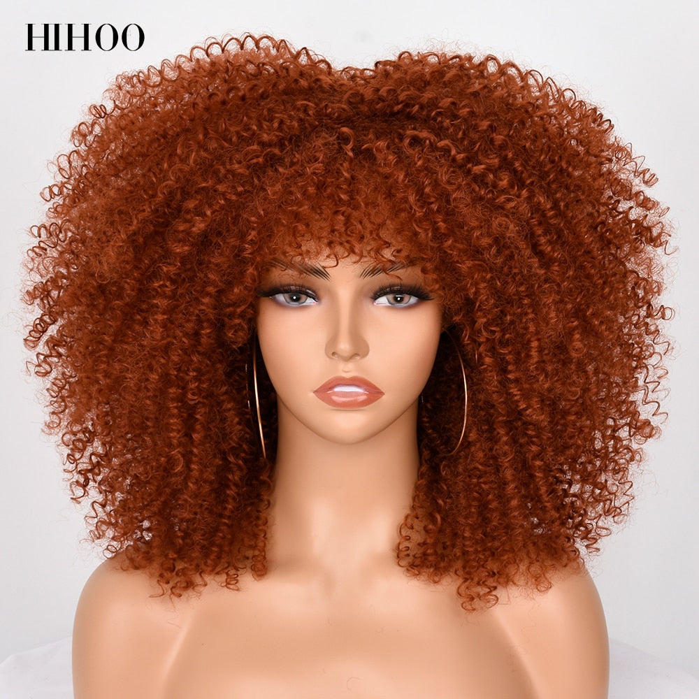 16''Short Hair Afro Kinky Curly Wig With Bangs For Black Women Cosplay Lolita Synthetic Natural Glueless Brown Mixed Blonde Wigs