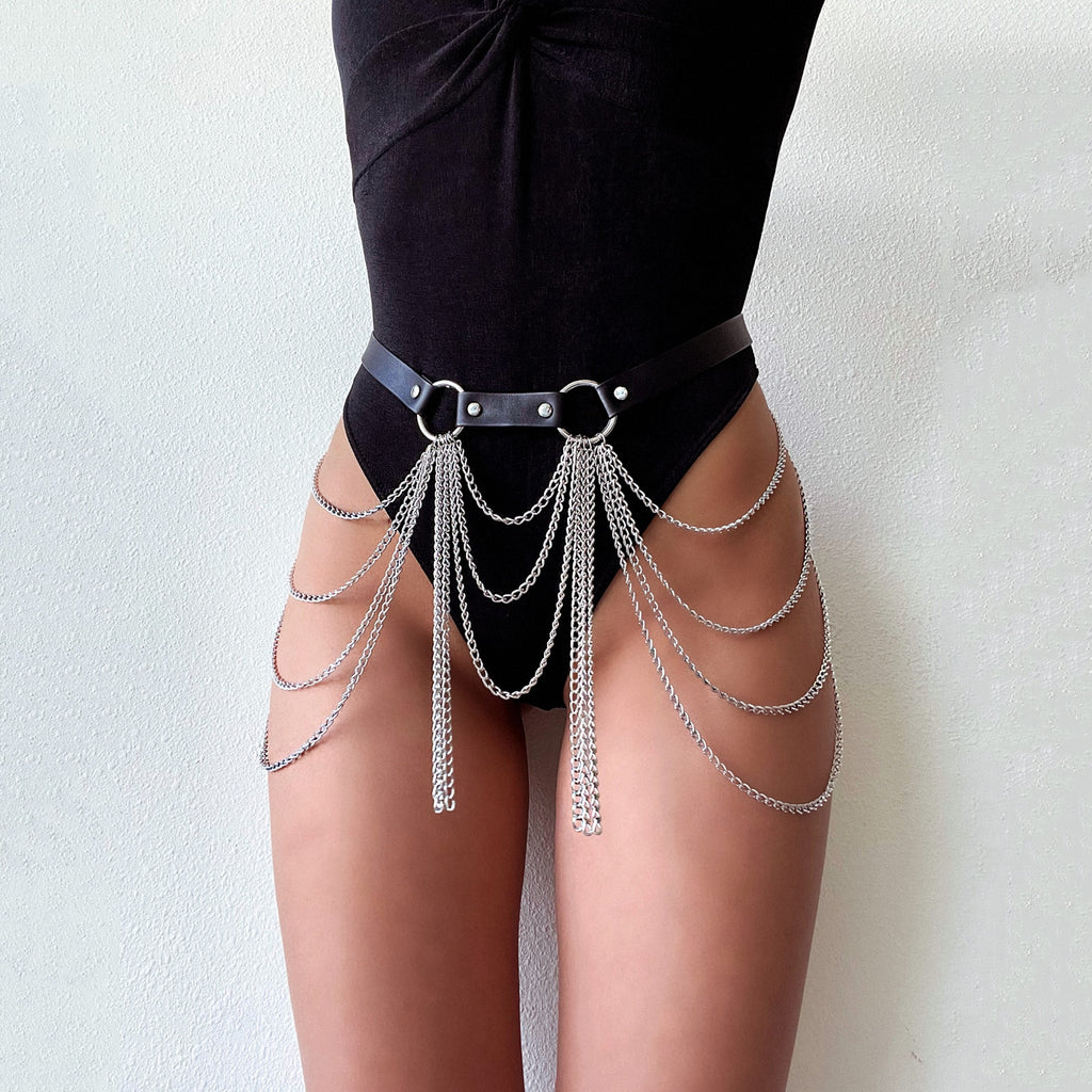 Layered Leather Belt With Chains Body Harness Sexy Waist Goth Accessories Strap Adjustable Festival Girls Jewelry