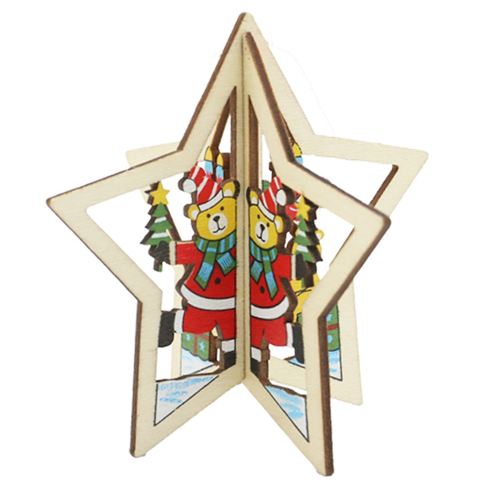 Happy New Year Decoration 2D 3D Wooden Hanging Pendants Star Xmas Tree Bell Wood Christmas Tree Toy Ornaments Decor For Home