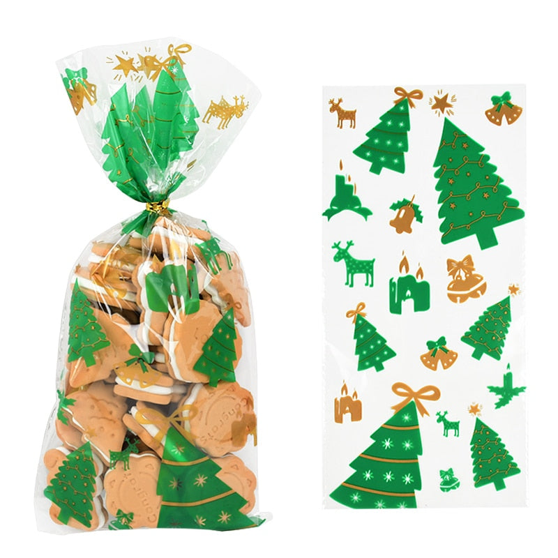 50pcs Santa Claus Christmas Tree Elk PVC Bags Transparent Clear Gift Bag for Christmas Gift Baking Candy Cookie Packaging Bags