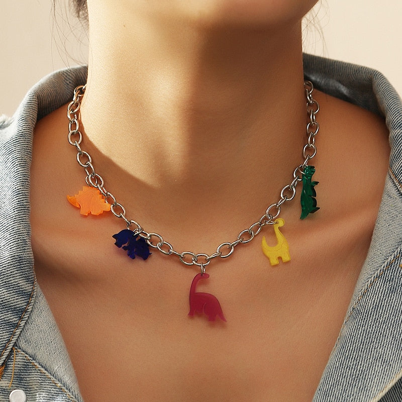 New ins Choker Hip-pop Pendant Necklace Twist Chain Cartoon Acrylic Dinosaur Clavicle Chain Necklaces For Women Fashion Jewelry
