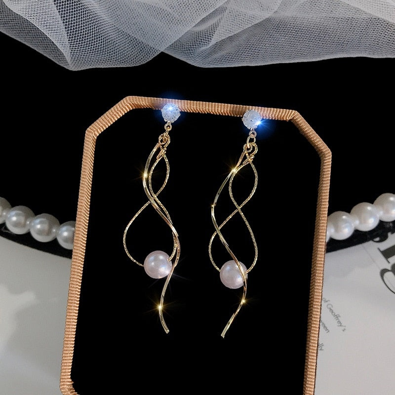 Skhek Korean Earings Crystal Pearl Tassel Earrings Geometric Pendant Bride Wedding Jewelry Gift Earrings For Women