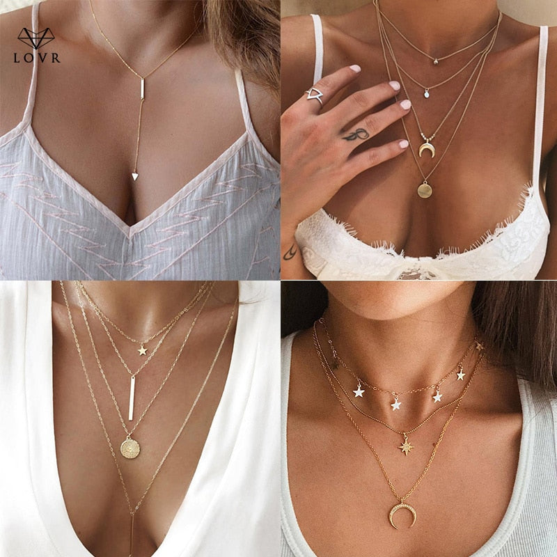 New Bohemian Multi Layered Necklace for Women Vintage Charm Portrait Star Moon Gold Pendant Necklace Geometric Collier Collares