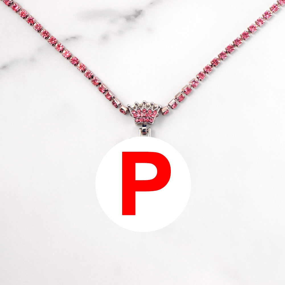 SKHEK Bling Rhinestone Alphabet A-Z Initial Name Pendant Necklace For Women Men Pink Crown Letter Crystal Chain Necklace Trend Jewelry