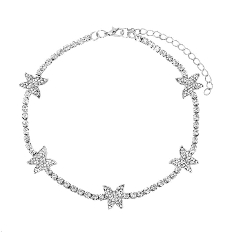 Skhek Bling Full Rhinestone Star Tennis Chain Necklace For Women Luxury Crystal Flowers Butterfly Choker Necklace Trendy Jewelry Gift