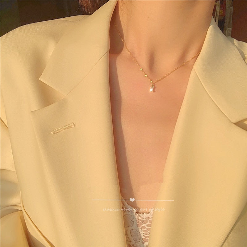 Skhek  925 Sterling Silver French Small Square Diamond Pendant 14K Gold Plating Necklace Women  Fashion Shiny Clavicle Chain Jewelry
