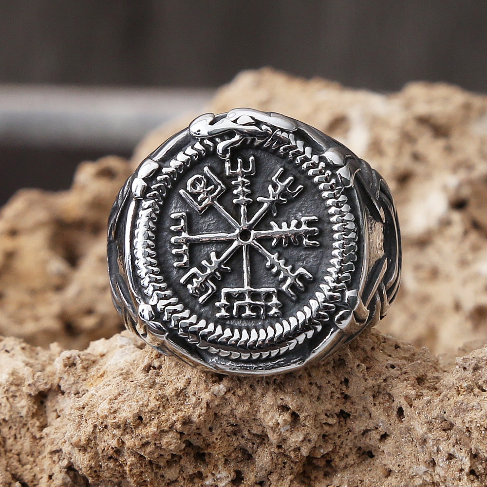 Skhek Vintage Viking Aegishjalmur Rings For Men Stainless Steel Nordic Pattern Compass Vegvisir Ring Amulet Pattern Jewelry