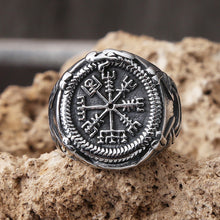 Load image into Gallery viewer, Skhek Vintage Viking Aegishjalmur Rings For Men Stainless Steel Nordic Pattern Compass Vegvisir Ring Amulet Pattern Jewelry