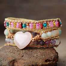 Load image into Gallery viewer, Skhek Romantic Pink Leather Wrap Bracelets Rose Quartzs Tourmaline Heart 3 Strands Cuff Bracelet Handmade Teengirls Jewelry Bijoux