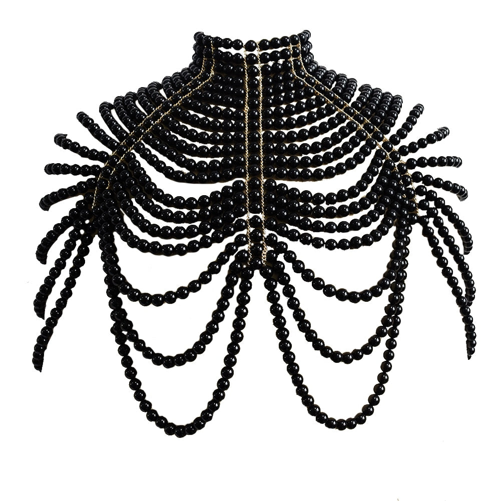 Skhek Pearl Necklaces Shawl Women Punk Style Beaded Collar Shoulder Long Chain Necklaces Sweater Chain Sexy Wedding Dress Body Jewelry
