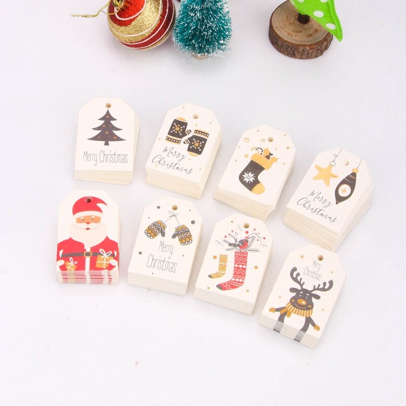 50PCS Santa Claus Paper Cards Merry Christmas Series Paper Hang Tags DIY Kraft Christmas Party Labels Gift Wrapping Supplies