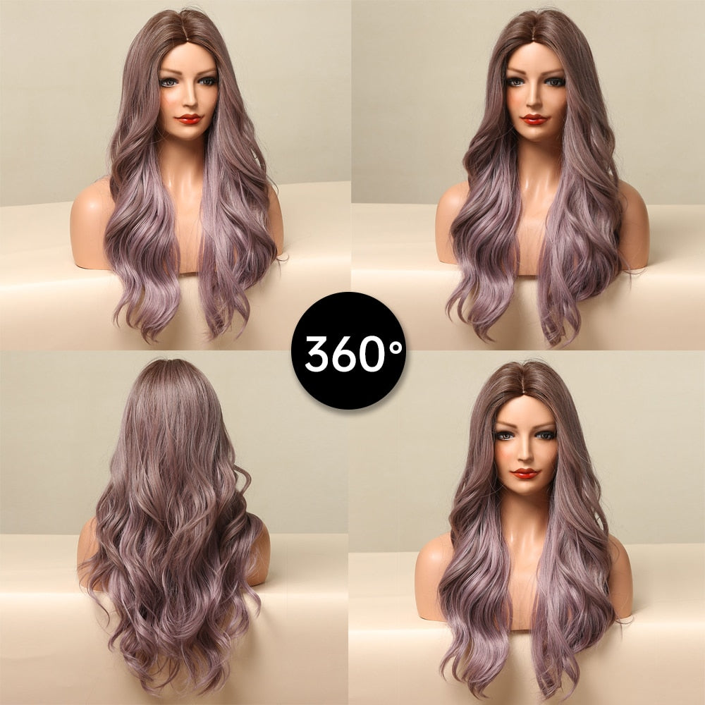 Long Wavy Ombre Brown Purple Synthetic Wigs for Women Heat Resistant Natural Middle Part Cosplay Party Lolita Hair Wigs