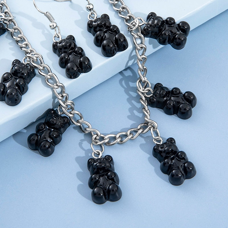 Skhek  Cute Black Bear Pendant Necklace and Earrings For Women 2022 Clothing Funny Y2k jewelry sets E Girl Gothic Accessories