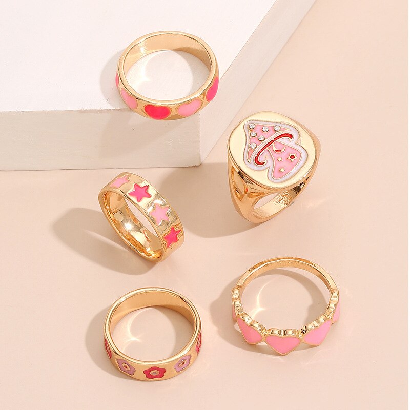 Fashion Dripping Oil Heart Flower Rings Set Sweet Geometric Gold Rings for Women Girl Party Wedding Jewelry Gifts  Anillos Anel