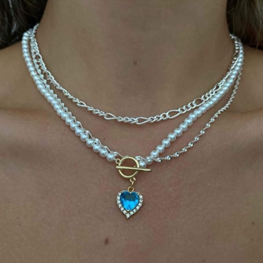 Skhek 110 2022 Trendy Shiny Crystal Heart Pearls Chain Necklace For Women Elegant Pearl OT Buckle Choker Necklace Wedding Jewelry Gift