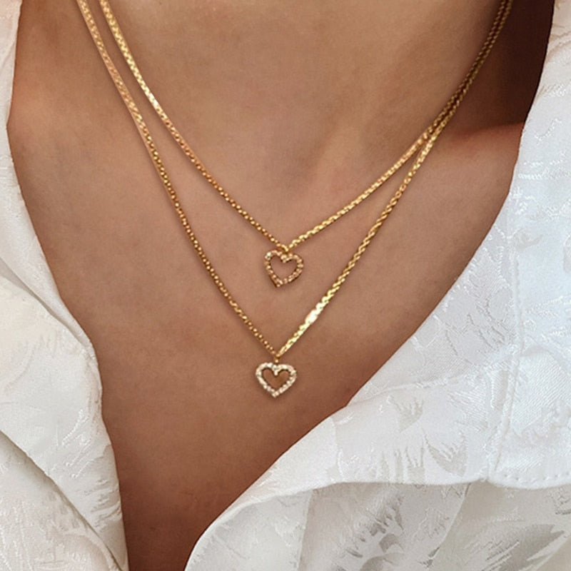 17KM Fashion Wedding Heart Pendant Necklace For Women Multilayered Gold Crystal Heart Necklaces Valentine's Day Gifts Jewelry