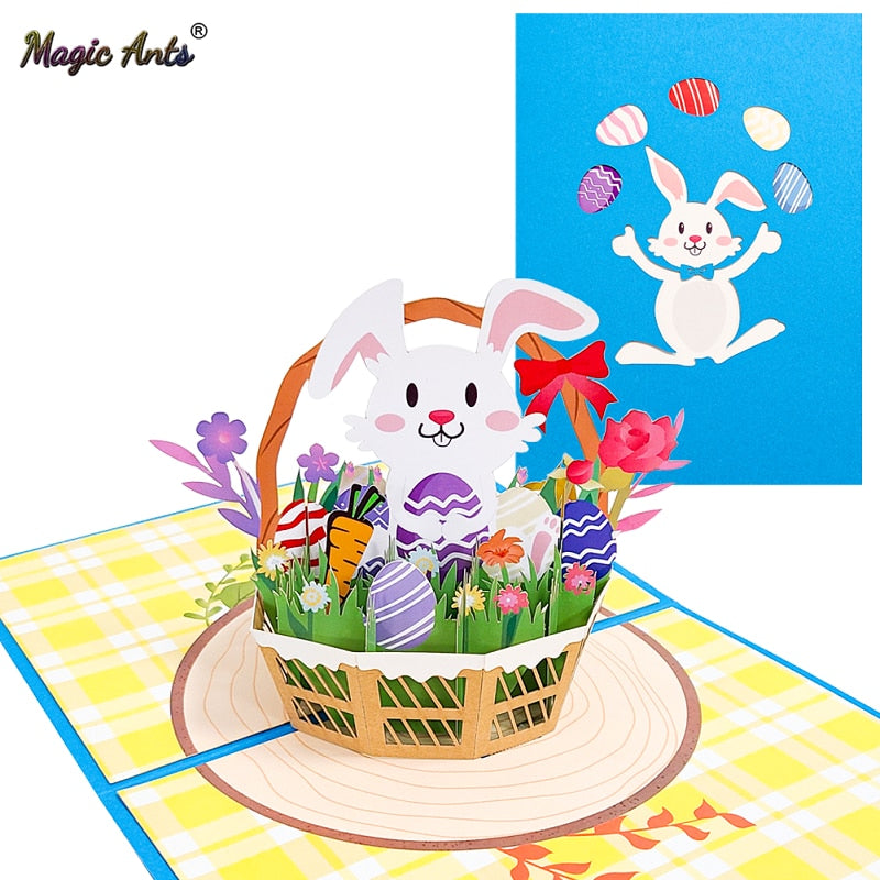 Easter Card Bunny Egg Flowers Basket Pop-Up Card 3D Greeting Card Cute Animals Birthday card for Kids