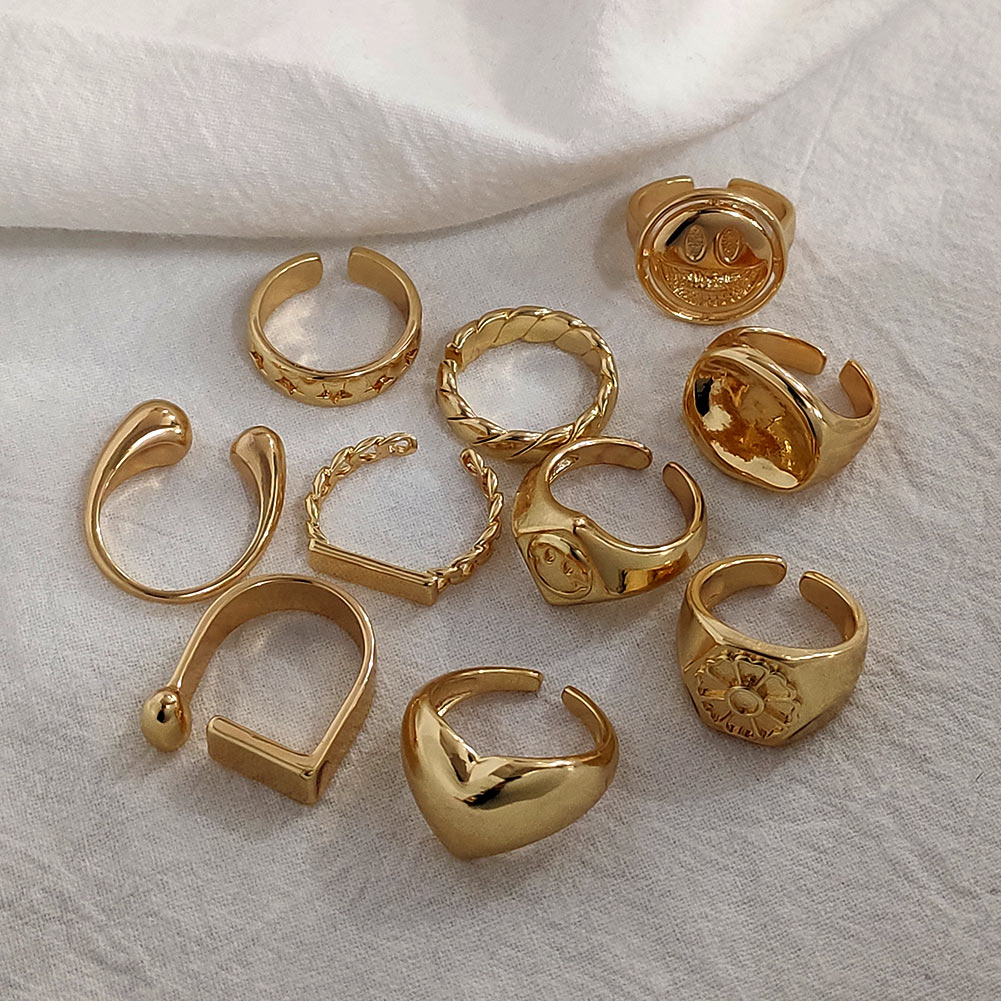 SKHEK Punk Vintage Smiley Finger Rings Set Gold Color Tulip Flowers Open Wide Rings For Women Heart Geometric Rings Trendy New Jewelry