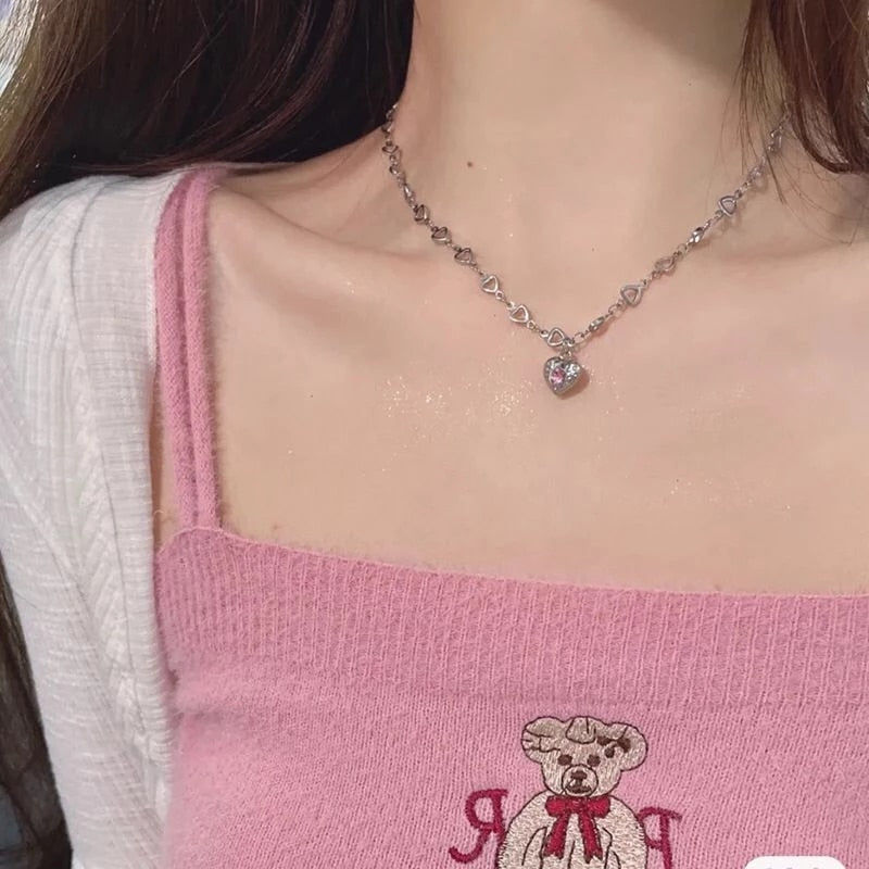 SKHEK Kpop Vintage Hollow Chain Pink Crystal Heart Pendant Charm Choker Necklaces For Women Trend Statement Korean Aesthetic Jewelry