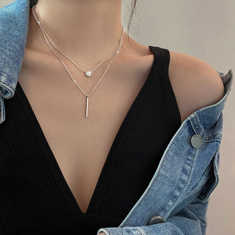 925 Sterling Silver Square Flash Diamond Round Double Necklace Women Clavicle Chain Fine Jewelry Party Wedding Accessories