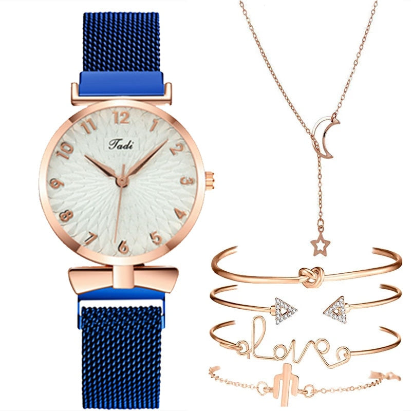 Christmas Gift Luxury Women Watches 6pcs Set Elegant Female Wristwatches Magnetic Mesh Band Rose Woman Watch Bracelet montre femme reloj mujer