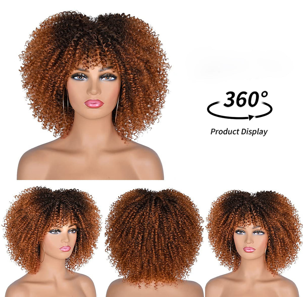 Short Hair Afro Kinky Curly Wigs With Bangs African Synthetic Ombre Glueless Cosplay Wigs For Black Women High Temperature