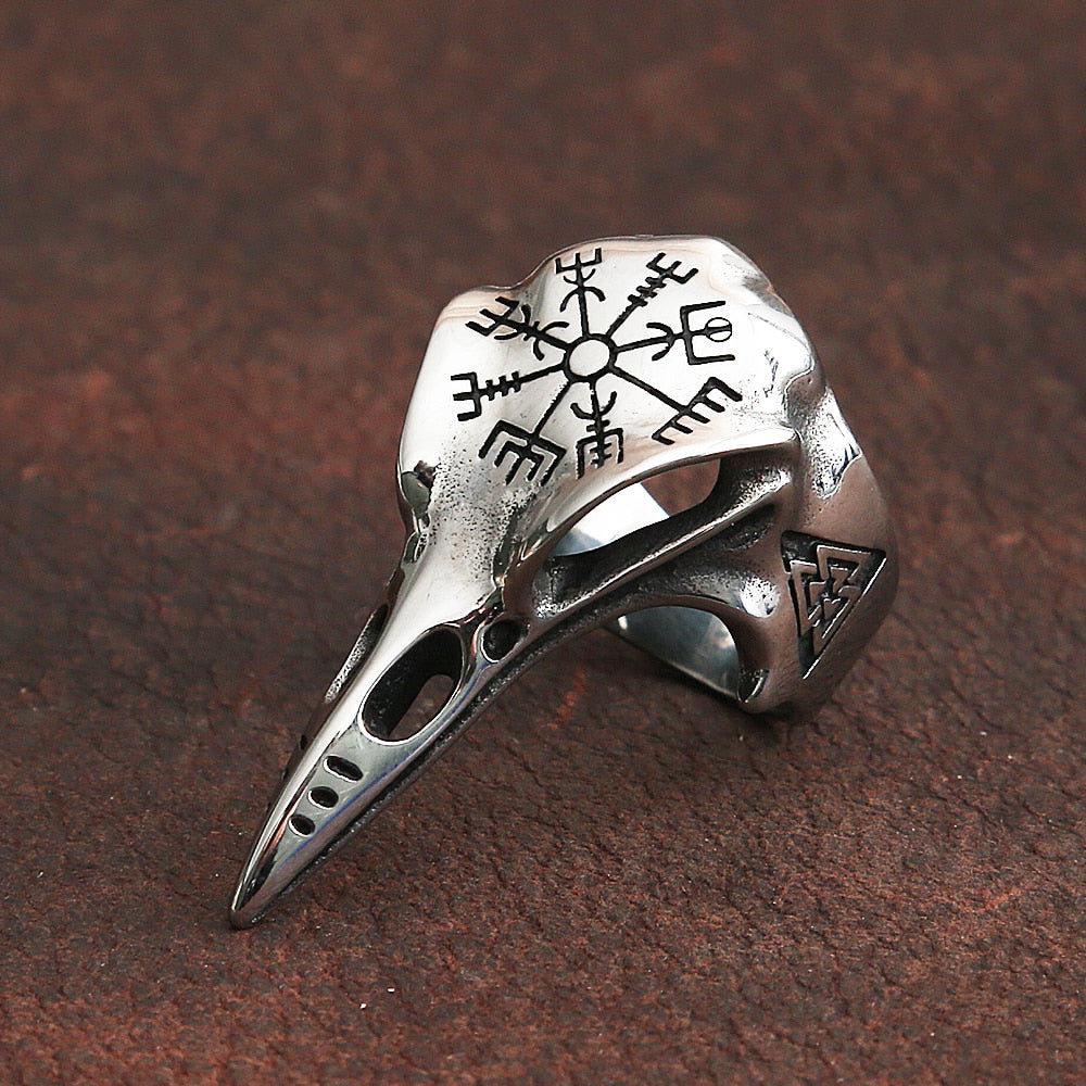 Skhek Vintage Odin Crow Skull Men's Ring Gothic Stainless Steel Compass Rings For Men Viking Accessories Valknut Ring Amulet Pattern