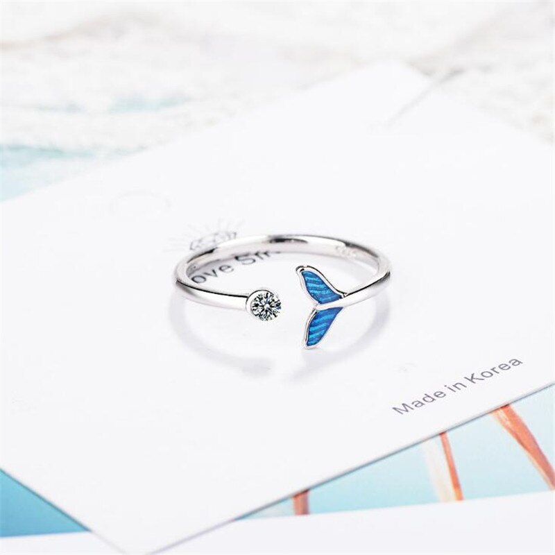 Christmas Gift New Creative Beautiful Sweet Blue Fishtail 925 Sterling Silver Jewelry Fashion Fish Crystal Personality Opening Rings R070