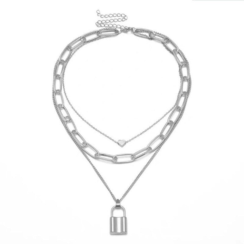 Vintage Punk Multilayer Heart Lock Pendant Necklace Padlock Heart Chain Necklace For Women Fashion 2021 Jewelry Gift