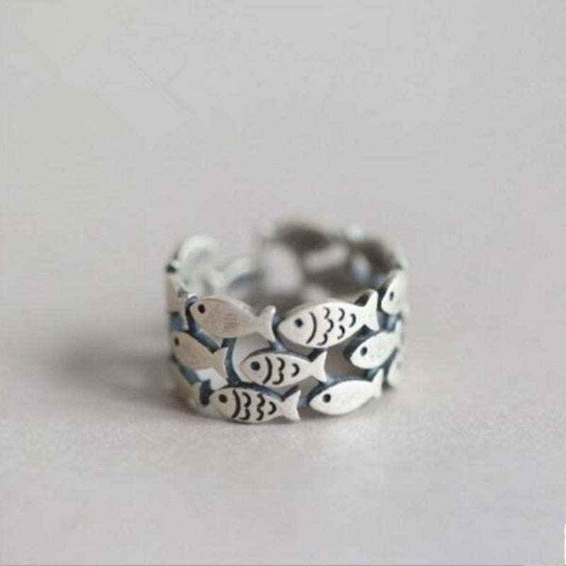 Christmas Gift Hot New Fashion Animal 925 Sterling Silver Jewelry Cute Fish Creative Personality Retro Adjustable Rings Birthday Gift  R027