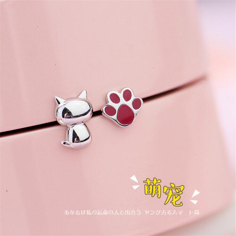 Christmas Gift Creative Fashion Asymmetrical Epoxy Cute Animal 925 Sterling Silver Jewelry Cat And Cat Claw Female Stud Earrings E015
