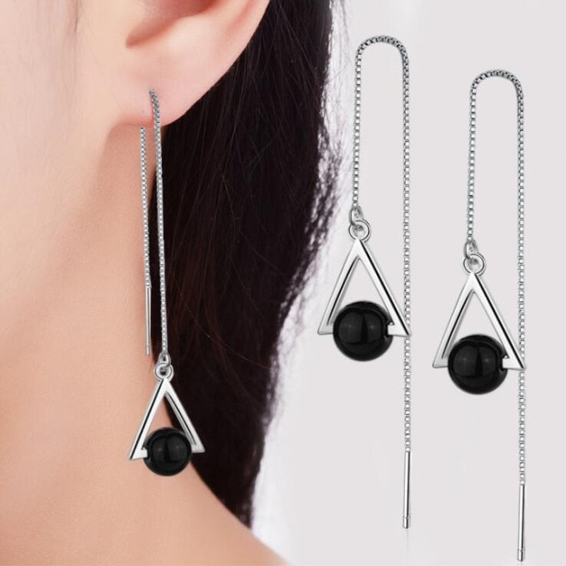 Christmas Gift Beautiful Triangle Geometric 925 Sterling Silver Jewelry Long Exaggerated Natural Black Crystal Tassel Dangle Earrings   SE315