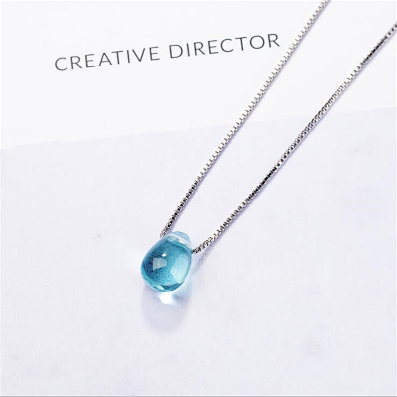 Christmas Gift Beautiful Female Blue Crystal 925 Sterling Silver Jewelry Simple Water Drop Temperament Clavicle Chain Pendant Necklaces XL053