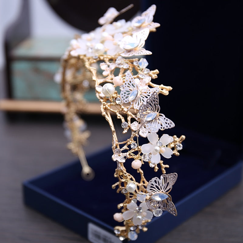 Luxury Crystal Beads Pearl Butterfly Costume Jewelry Sets Floral Rhinestone Choker Necklace Earrings Tiara Wedding Jewelry Set